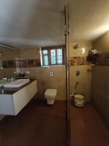 uma casa de banho com um WC, um lavatório e um chuveiro em Laasya Vilaasa em Mangalore
