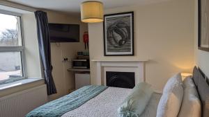 ein Schlafzimmer mit einem Kamin, einem Bett und einem TV in der Unterkunft The Ramblers' Rest - Princetown in Princetown