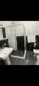 ein Bad mit einer Dusche, einem WC und einem Waschbecken in der Unterkunft I Love Tirana 3 in Tirana
