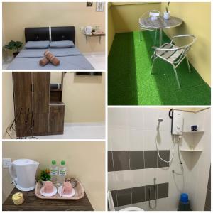 パンタイチェナンにあるMaze Roomstay Langkawiのバスルーム(ベッド1台、シャワー付)の写真のコラージュ