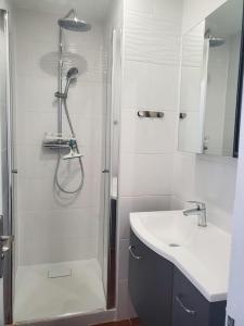 La salle de bains est pourvue d'une douche et d'un lavabo. dans l'établissement Le Front de mer - vue imprenable, à Port-la-Nouvelle