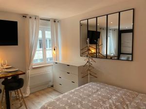 um quarto com uma cama e um espelho na parede em Grand Studio - Strasbourg em Estrasburgo