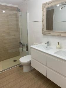 a bathroom with a sink and a toilet and a shower at Apartamento Center Playa Almerimar in Almerimar