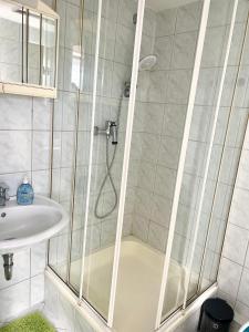 ein Bad mit einer Dusche und einem Waschbecken in der Unterkunft Seemöwe Wohnung in Rostock