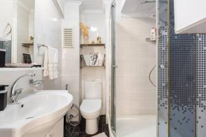 ein Bad mit einem WC, einem Waschbecken und einer Dusche in der Unterkunft Practical and Cozy Flat Near Taksim İstikal in Istanbul