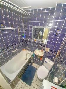 baño de azulejos azules con bañera y aseo en Apartament by Wyszyńskiego Street en Konin