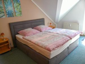 ハーネンクレー・ボックスヴィーゼにあるApartment Waldoase by Interhomeのベッドルーム1室(ピンクの枕が付いた大型ベッド1台付)