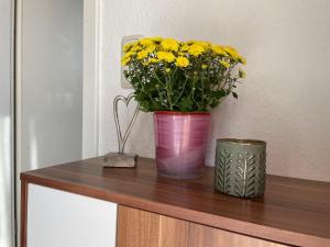 ミローにあるApartment Old Hüsung - MUZ328 by Interhomeの木製の棚の上に黄色い花が入ったピンクの花瓶 +18枚の写真