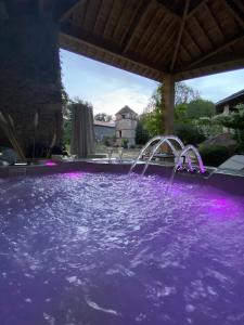 una piscina con agua púrpura y un tobogán de agua en La Pause noble val en Saint-Antonin