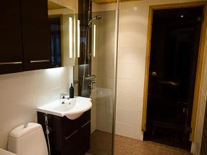uma casa de banho com um lavatório, um chuveiro e um WC. em Holiday Home Kelokivakka d19 by Interhome em Ruka