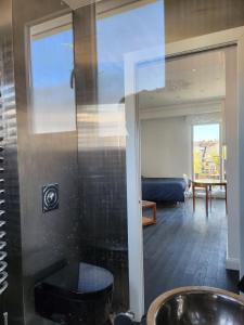 baño con puerta de cristal que conduce a la sala de estar en L'Orangerie en Estrasburgo