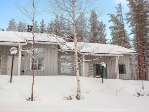 ein schneebedecktes Haus mit zwei Bäumen in der Unterkunft Holiday Home Elma-maja by Interhome in Levi