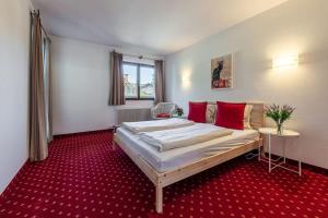 - une chambre avec un lit et un tapis rouge dans l'établissement Gipfelblick Residenz #2, à Kitzbühel