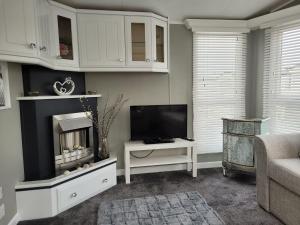 ein Wohnzimmer mit Kamin und Fernseher in der Unterkunft Palm Grove 28 - Golden Palm - Central heating, pet friendly, WiFi, bed linen - Meadow Lakes Caravan & Lodge Hire in Chapel Saint Leonards