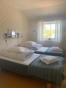 two twin beds in a room with a window at Åkulla Outdoor Resort in Rolfstorp
