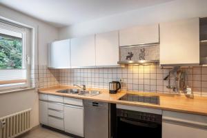 eine Küche mit weißen Schränken und einem Waschbecken in der Unterkunft Ferienwohnung Panorama in Neusatzeck