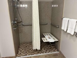 a shower with a shower curtain in a bathroom at Days Inn by Wyndham Baton Rouge I-10 in Baton Rouge