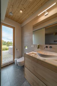 La salle de bains est pourvue d'une baignoire, de toilettes et d'un miroir. dans l'établissement Wilczy Zew Private Spa & Nature, à Borne