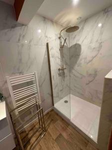 uma casa de banho com um chuveiro e uma porta de vidro em Le Cosy Dunkerquois em Dunkerque