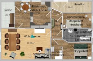 - Plano de planta de un pequeño apartamento con: en FeRo´s Ferienwohnung, en Wernigerode