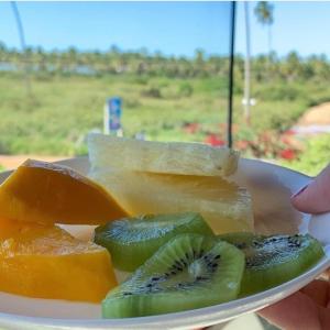 a plate of fruit with oranges and kiwis on it at Pousada Quinta do Patacho in Pôrto de Pedras