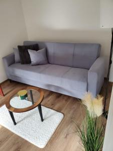 een woonkamer met een bank en een salontafel bij BM Apartman in Gornji Milanovac