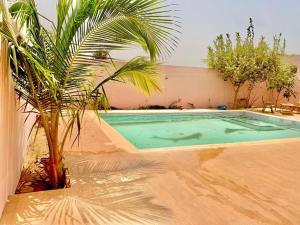 a swimming pool with a palm tree next to a building at Résidence Toubab in Toubab Dialaw