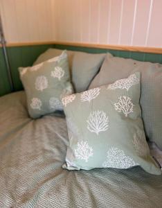 a bed with two pillows on top of it at Ted's Shed in Bishop Auckland