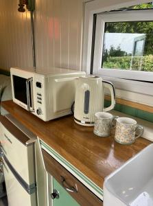 a kitchen counter with a microwave and two cups at Ted's Shed in Bishop Auckland