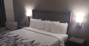 Una habitación de hotel con una cama con dos luces. en Red Roof Inn Huntsville, AL en Huntsville