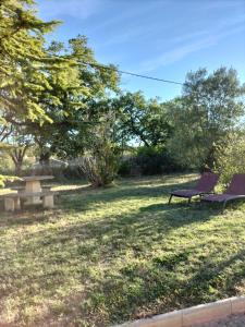 un parque con un banco púrpura en la hierba en Au Grand Chêne Jolie T3 à 5 min d'Albi en Puygouzon-et-Montsalvy