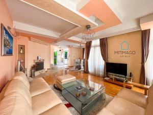 a living room with a couch and a tv at Lux Villa Mitimago in Niš