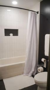 a bathroom with a tub and a toilet and a shower curtain at Luxury Oasis in Birmingham