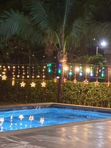 - une piscine avec des lumières de Noël la nuit dans l'établissement SEA VILLA HỒ TRÀM, à Ho Tram