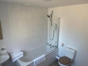 a bathroom with a shower and a toilet and a sink at The Bull Hotel in Downton