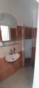 a bathroom with a sink and a mirror and a shower at arad rooms & apartments חדרי אירוח ערד in Arad