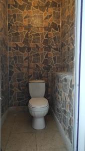 a bathroom with a toilet in a stone wall at Dede Sebo Çay Bahçesi + Camping in Doğubayazıt