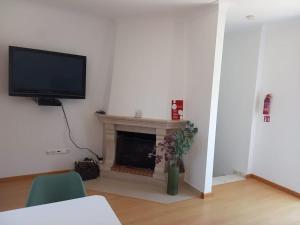 sala de estar con TV y chimenea en Cottage Abrunheiro Grande, en Vila de Rei