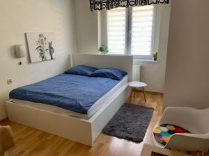 Un dormitorio con una cama con sábanas azules y una ventana. en Apartament Joanna parter blisko Rynku, Onkologii i strefy ekonomicznej, en Gliwice