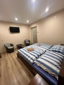 1 dormitorio con 1 cama y TV de pantalla plana en Penzion u Tučňaka, en Humenné