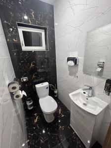 a black and white bathroom with a toilet and a sink at Penzion u Tučňaka in Humenné