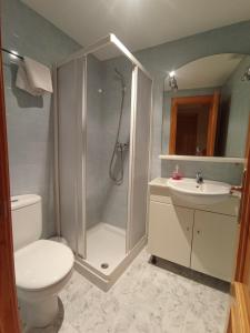 阿爾卡尼斯的住宿－Casa Rosa，带淋浴、卫生间和盥洗盆的浴室