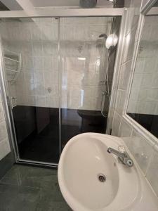 uma casa de banho com um chuveiro e um lavatório branco em Sfeervol Appartement met Zeezicht em Middelkerke