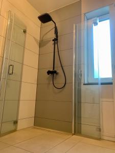uma casa de banho com uma cabeça de chuveiro em Ferienwohnung-Weinstadt UG em Weinstadt