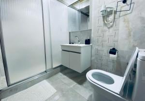 y baño con aseo, lavabo y ducha. en HOTEL ÖZSEFA en Estambul