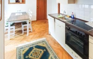 a kitchen with a sink and a table with a rug at Amazing Apartment In Prerow With Kitchen in Prerow