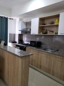 a kitchen with wooden cabinets and a counter top at Boca del Mar, Torre II, Apto. 202 in Santo Domingo
