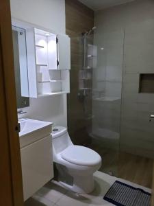 a white bathroom with a toilet and a shower at Boca del Mar, Torre II, Apto. 202 in Santo Domingo