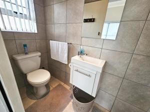 een badkamer met een toilet, een wastafel en een spiegel bij Sea Breeze Manor - Aqua Unit in East London