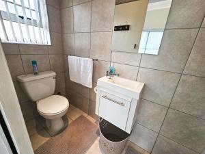 a bathroom with a toilet and a sink and a mirror at Sea Breeze Manor - Aqua Unit in East London